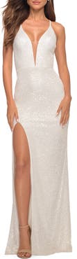 La Femme Sequin Gown with Deep V Neckline and Lace Up Back