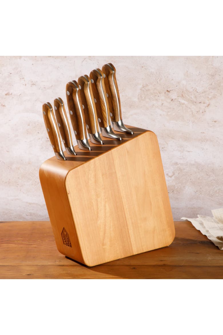 Italian Olive Wood Knife Block Set W/ German Steel Forged Knives, Alternate, color, Natural Wood