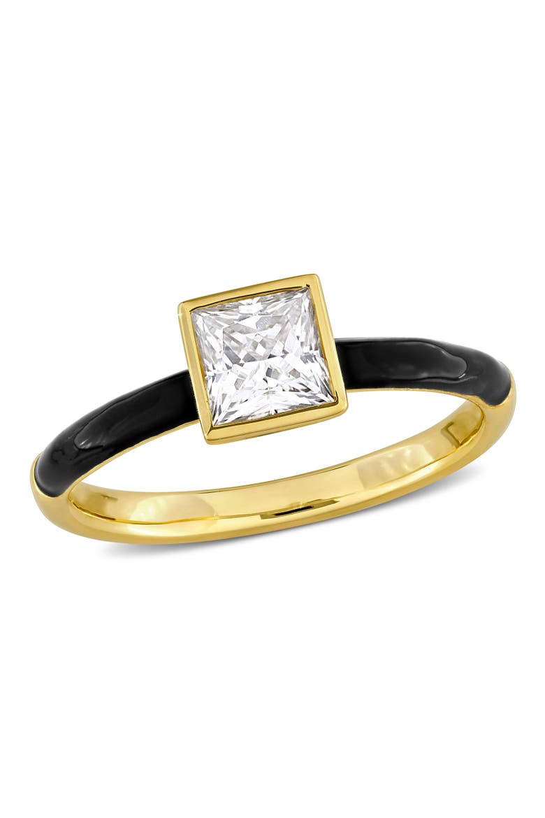 Moissanite & Black Enamel Halo Solitaire Ring, Main, color, Yellow-Plated Silver