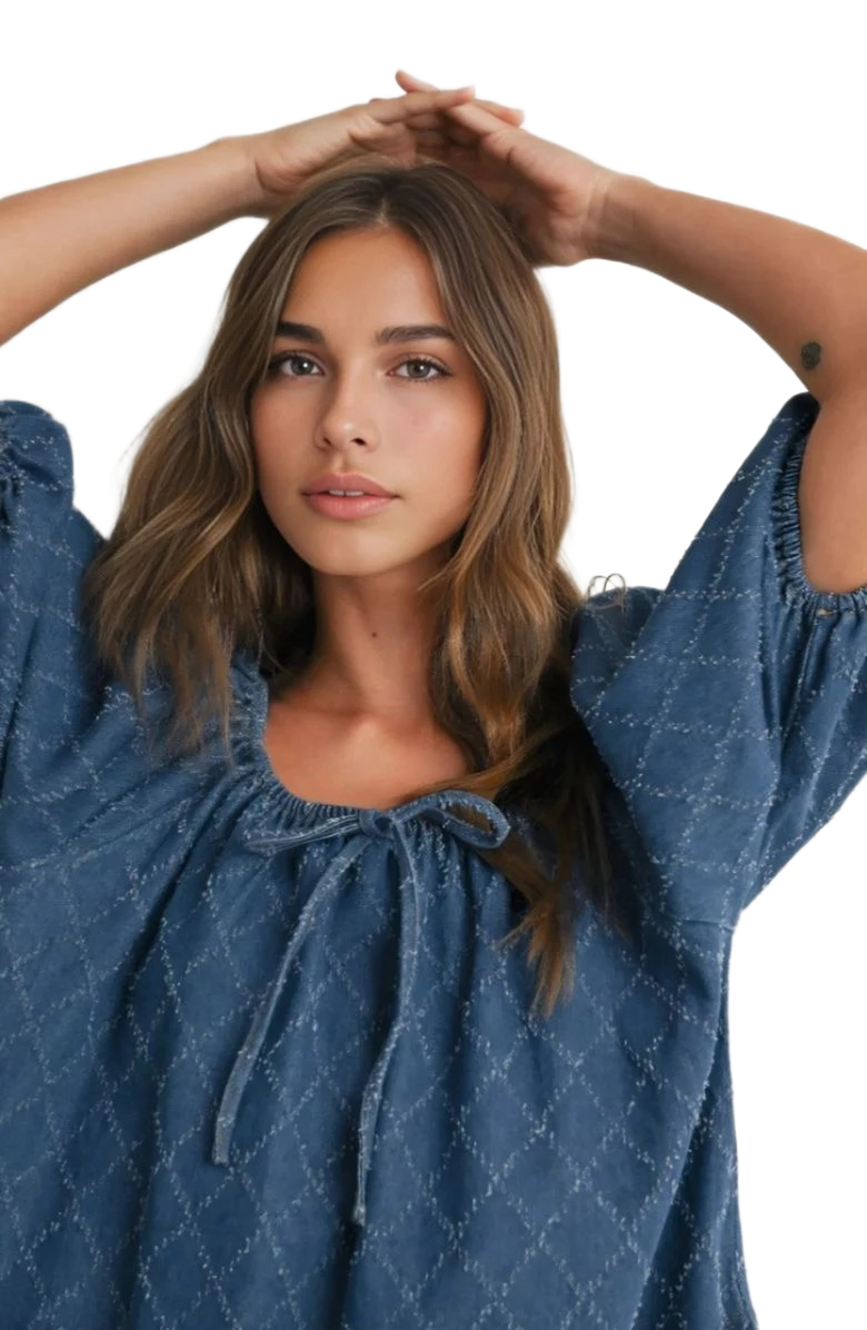 Knit and Lounge Puff Sleeve Tie Neckline Mini Dress, Alternate, color, Denim Blue