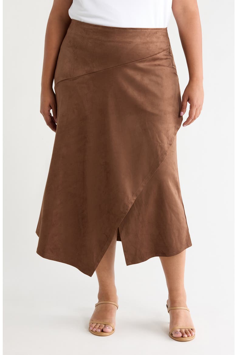 Faux Leather Asymmetrical Midi Skirt, Main, color, BROWN