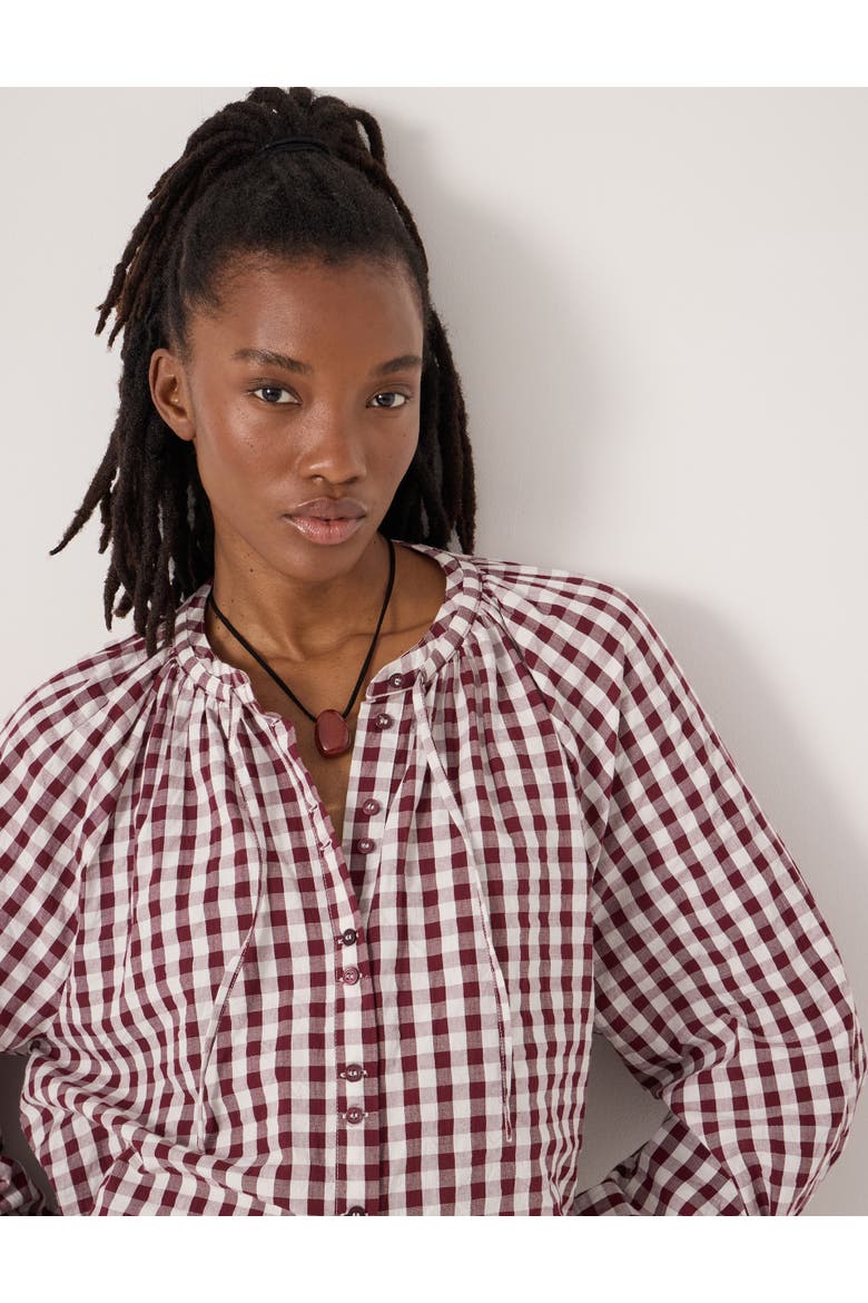 Elsa Gathered Gingham Beach Shirt, Alternate, color, Maroon Red & White