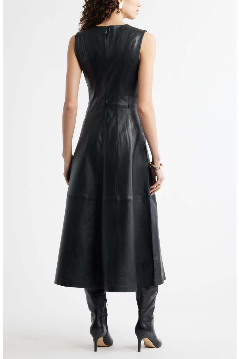 Seamed Leather Midi Dress, Alternate, color, BLACK
