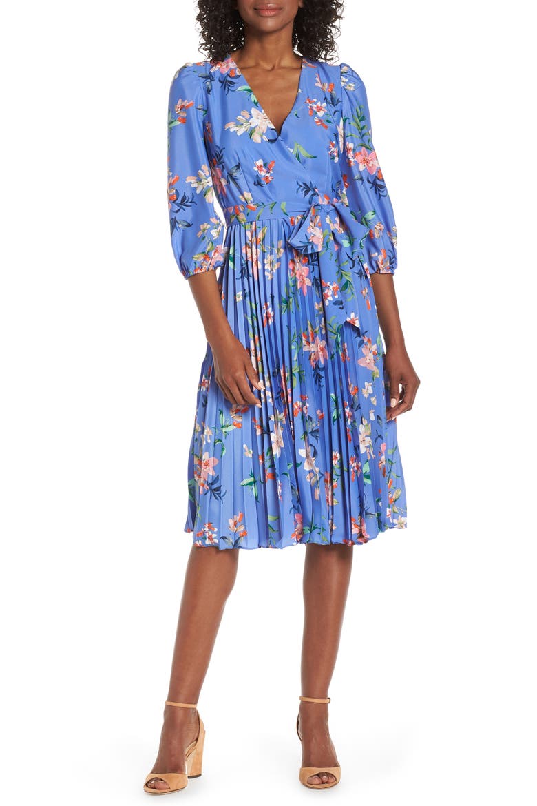 Pleated Faux Wrap Dress, Main, color, BLUE