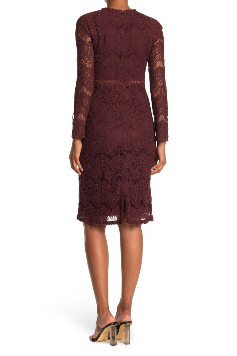 Lace Long Sleeve Midi Dress, Alternate, color, RAISIN