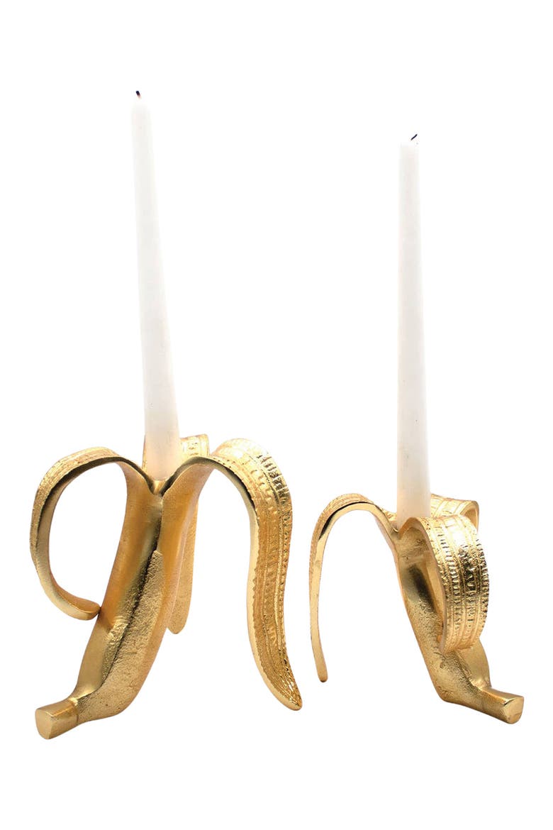 Set of 2 Banana Candle Holders, Alternate, color, GOLD
