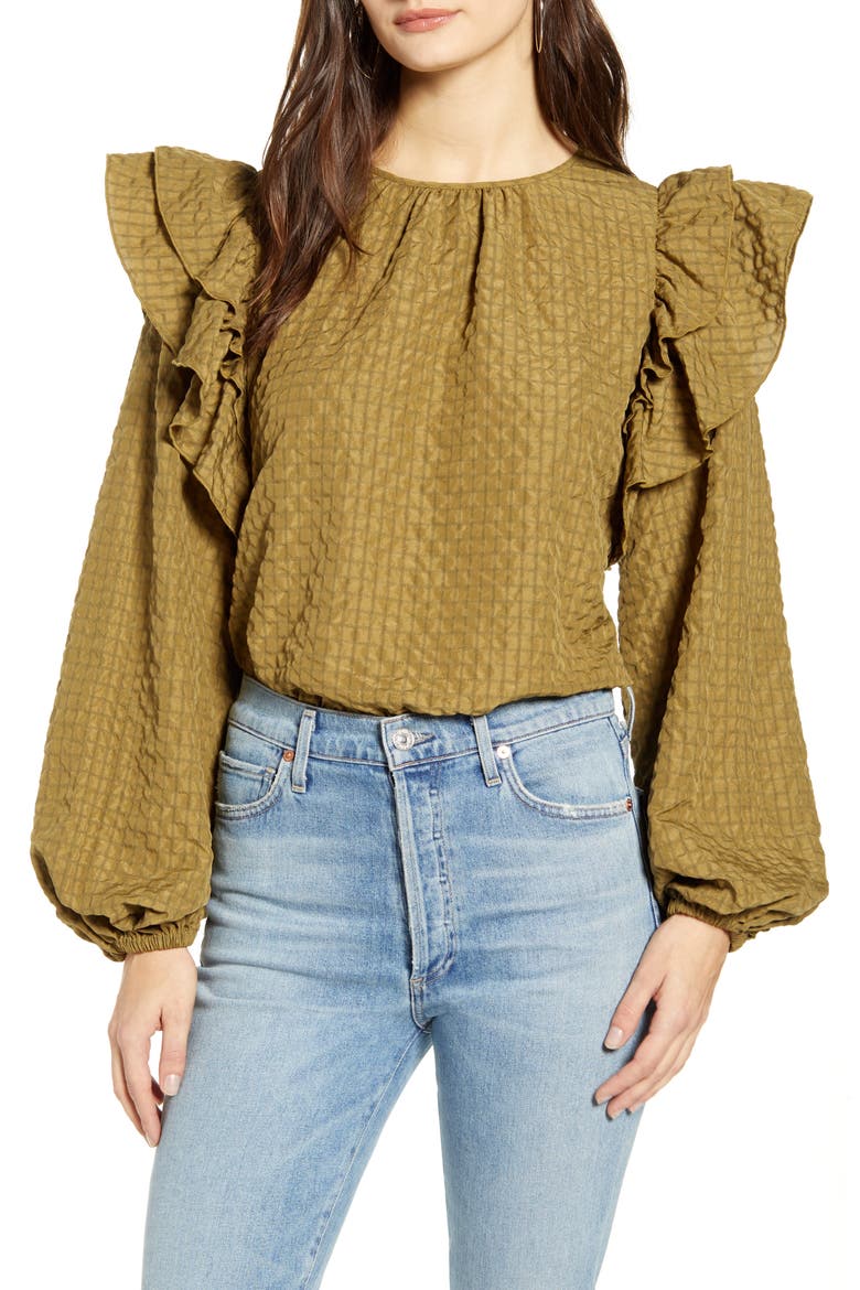 Mindy Frill Long Sleeve Top, Main, color, MILITARY OLIVE