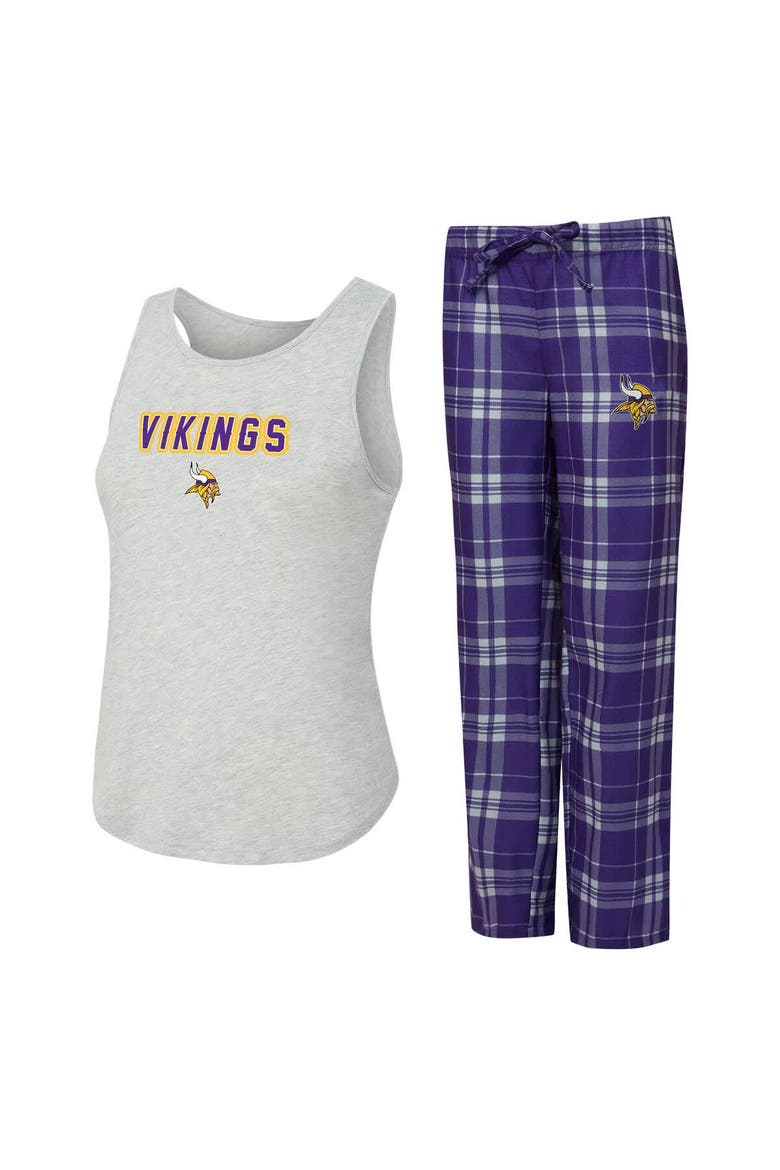 Women's Concepts Sport  Heather Gray/Purple Minnesota Vikings Regulate Plaid Tank Top & Pants Sleep Set, Main, color, Heather Gray