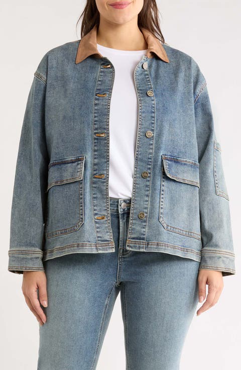 Denim Jacket with Faux Leather Trim
