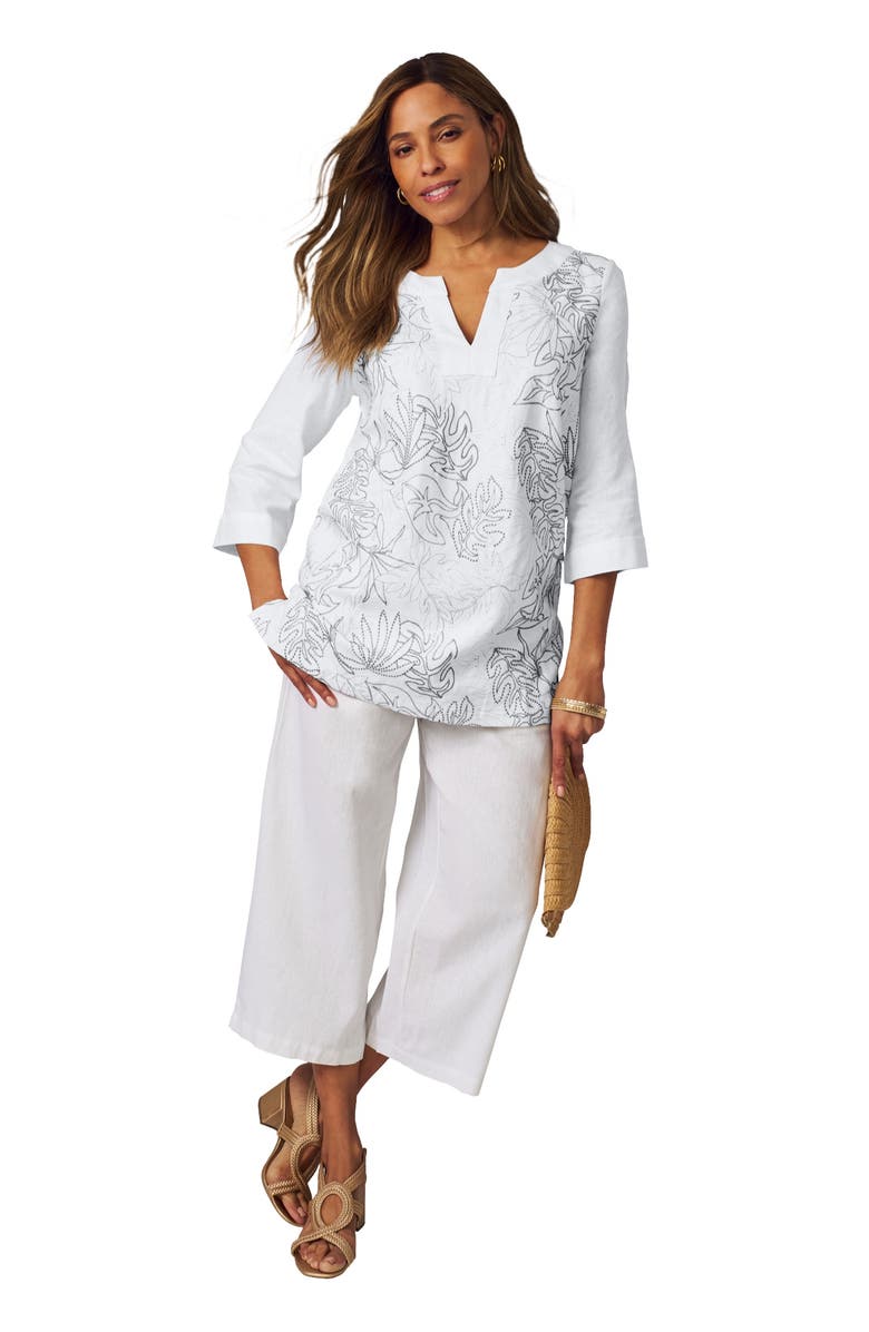 Jessica London Linen V-Neck Embroidered Tunic, Main, color, 