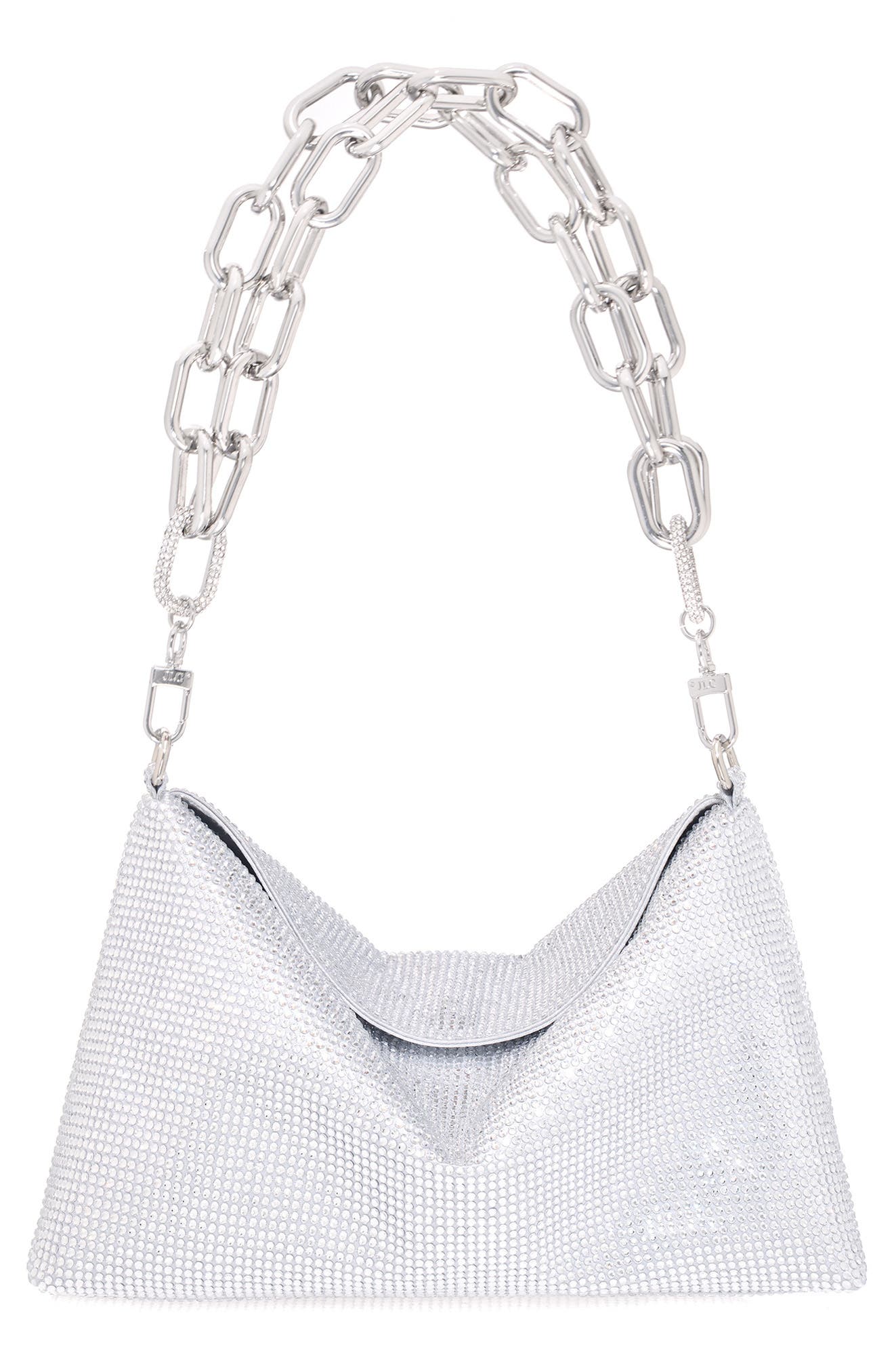 JUDITH LEIBER COUTURE Bowie Crystal Embellished Slouchy Clutch, Main, color, Silver Rhine