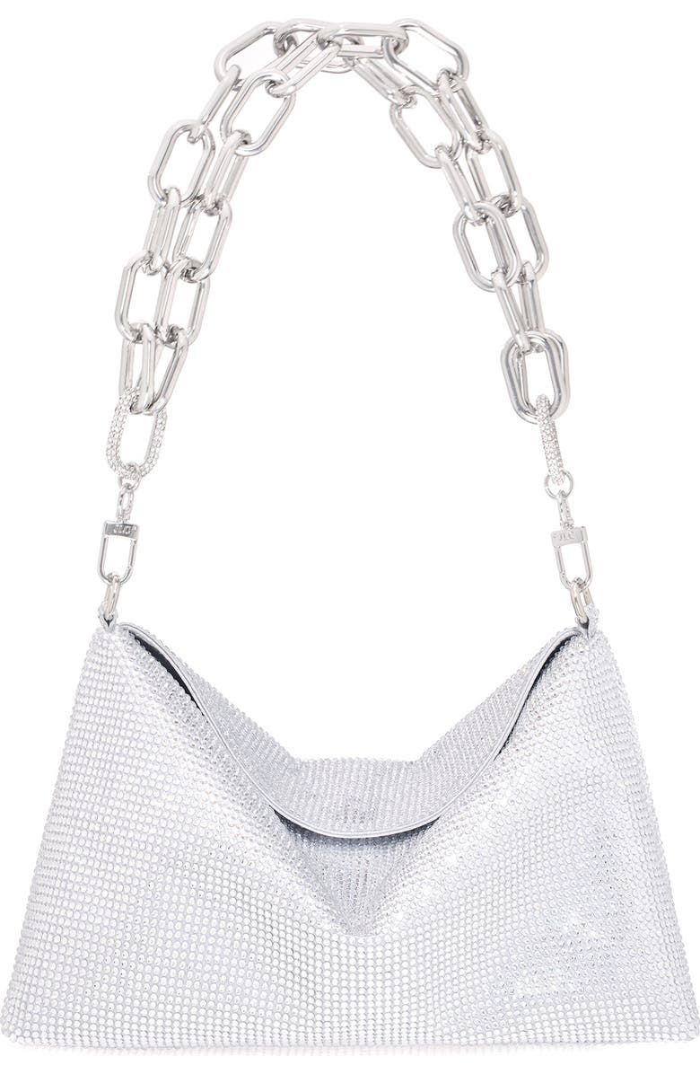 JUDITH LEIBER COUTURE Bowie Crystal Embellished Slouchy Clutch, Main, color, Silver Rhine