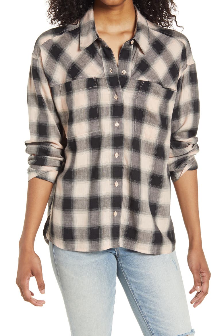 High/Low Plaid Button-Up Shirt, Main, color, PINK HERRINGBONE PLAID