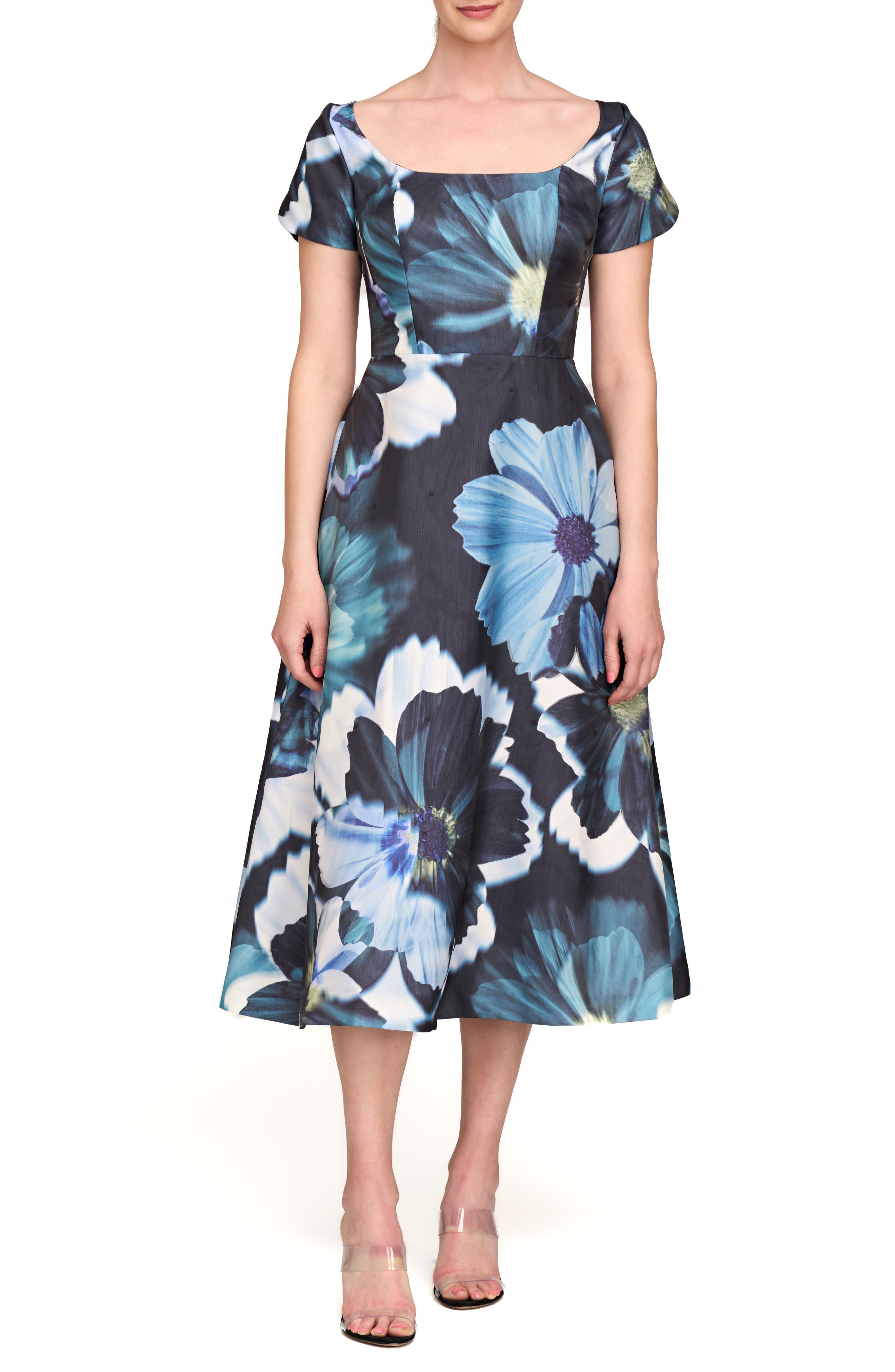 Kay Unger Emma Floral Cap Sleeve Cocktail Midi Dress