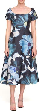 Kay Unger Emma Floral Cap Sleeve Cocktail Midi Dress