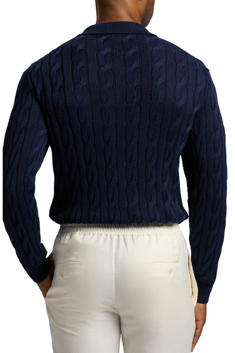 Cable Stitch Long Sleeve Cotton & Mulberry Silk Polo Sweater, Alternate, color, CLASSIC CHAIRMAN NAVY