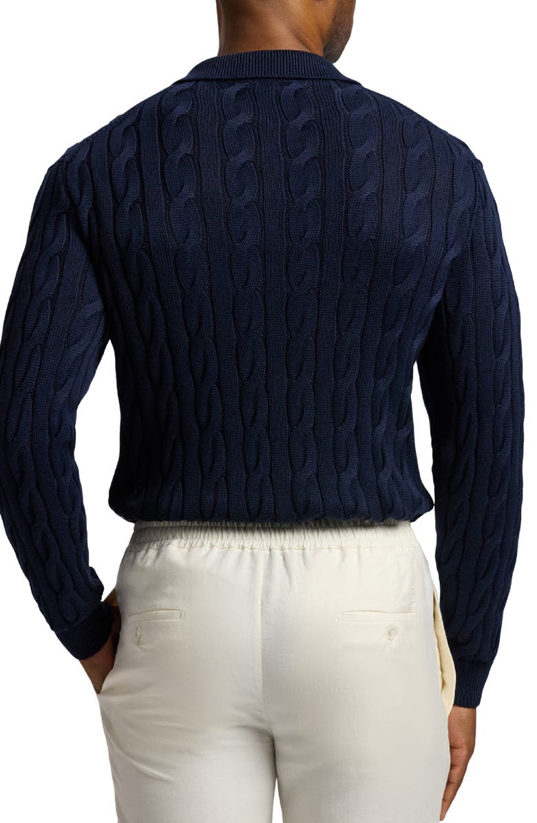 Ralph Lauren Purple Label Cable Stitch Long Sleeve Cotton & Mulberry Silk Polo Sweater, Alternate, color, Classic Chairman Navy