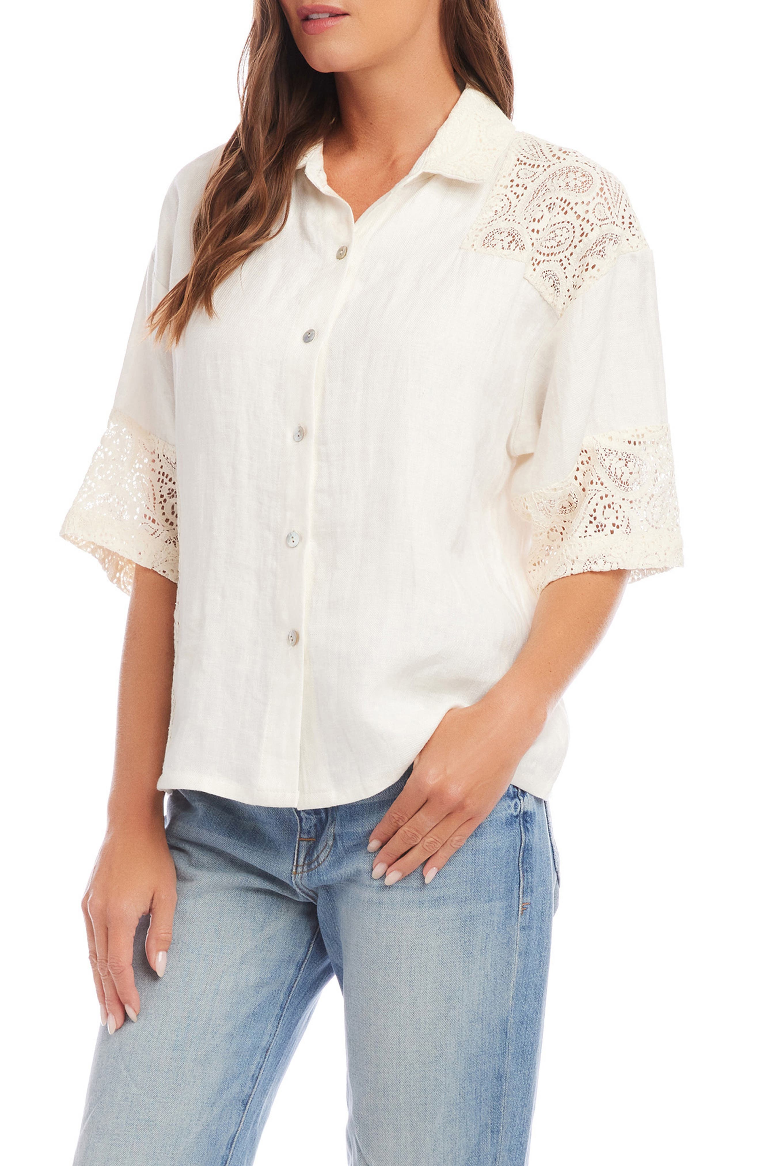 FIFTEEN TWENTY Terra Lace Trim Linen Button-Up Shirt (Women ...