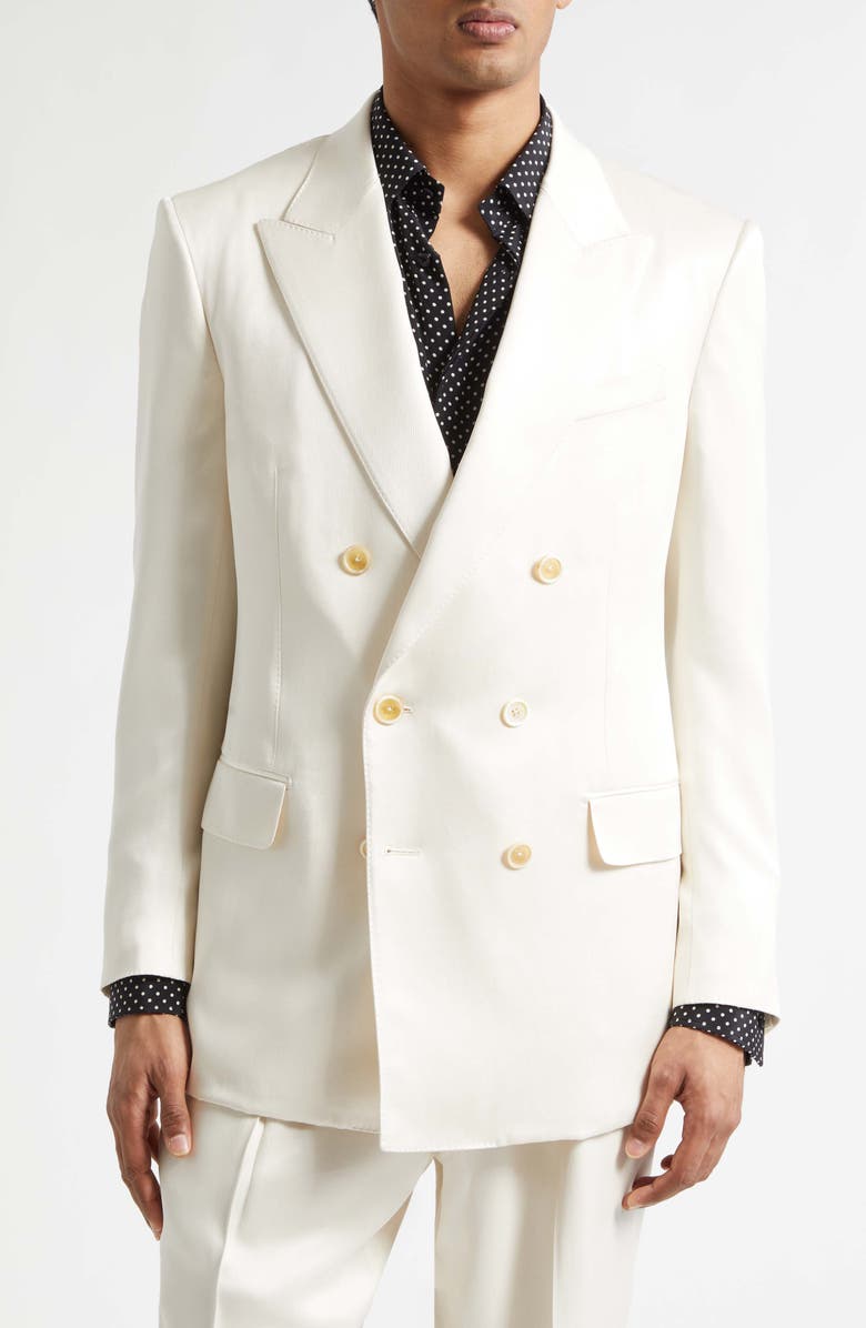 TOM FORD Double Breasted Silk Peached Gabardine Jacket, Main, color, Ivory