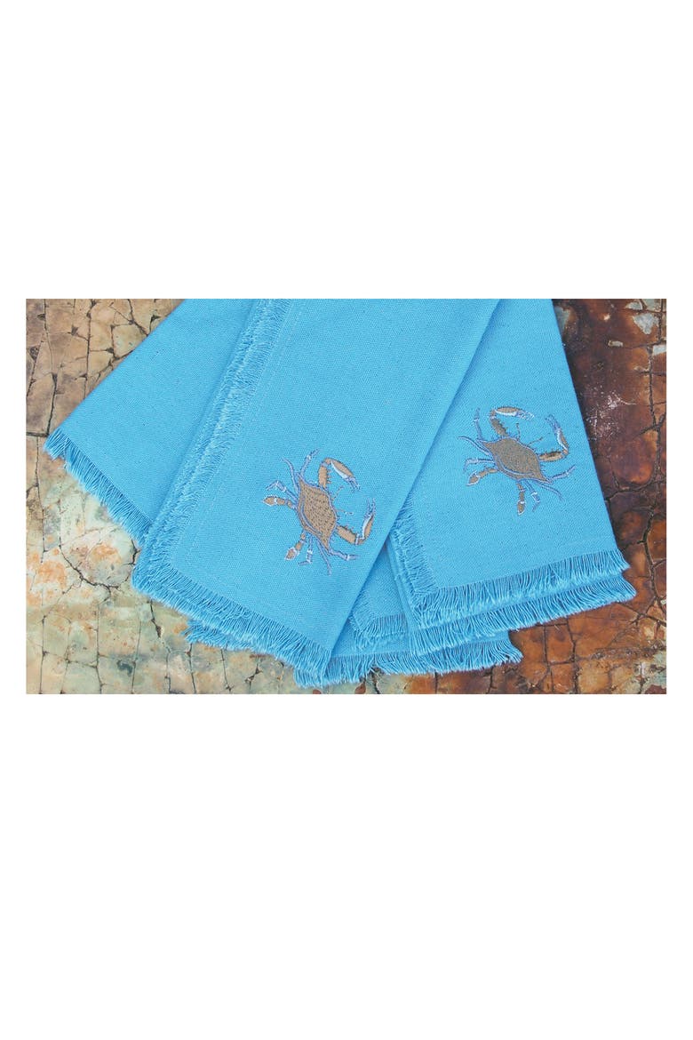 Blue Crab 100% Cotton Embroidered Set of 4 Fringe Cloth Napkins, Main, color, Blue