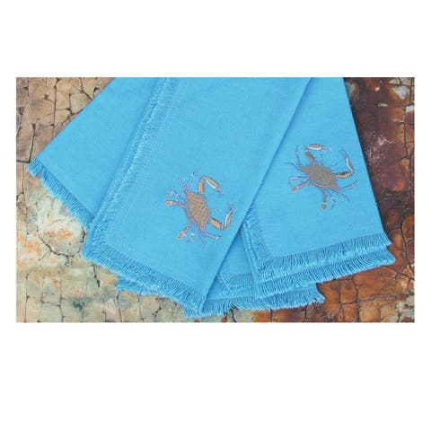 Blue Crab 100% Cotton Embroidered Set of 4 Fringe Cloth Napkins