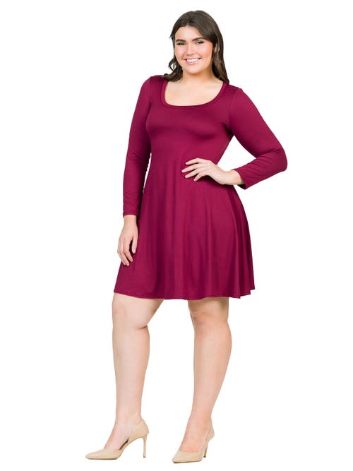24seven Comfort Apparel Plus Size Classic Long Sleeve  Flared Mini Dress In Burgundy