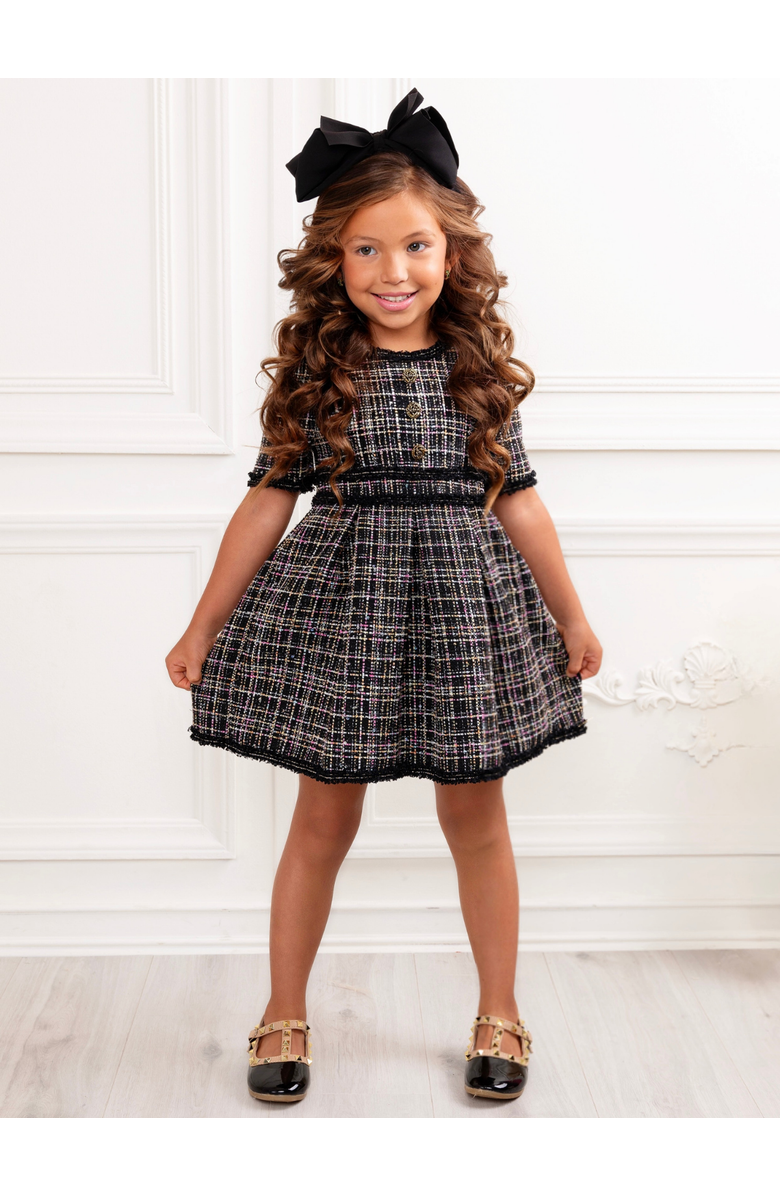 Mia Belle Girls Class Act Tweed Puff Sleeve Dress, Alternate, color, Black