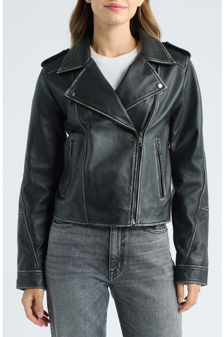 Burnished Leather Moto Jacket, Alternate, color, BLACK