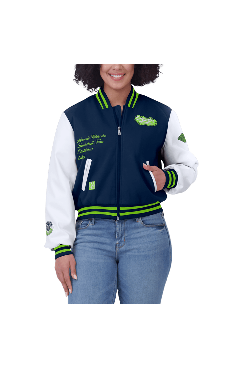 WEAR by Erin Andrews Women's WEAR by Erin Andrews Navy/White Minnesota Timberwolves Cropped Varsity Full-Zip Jacket, Alternate, color, Navy