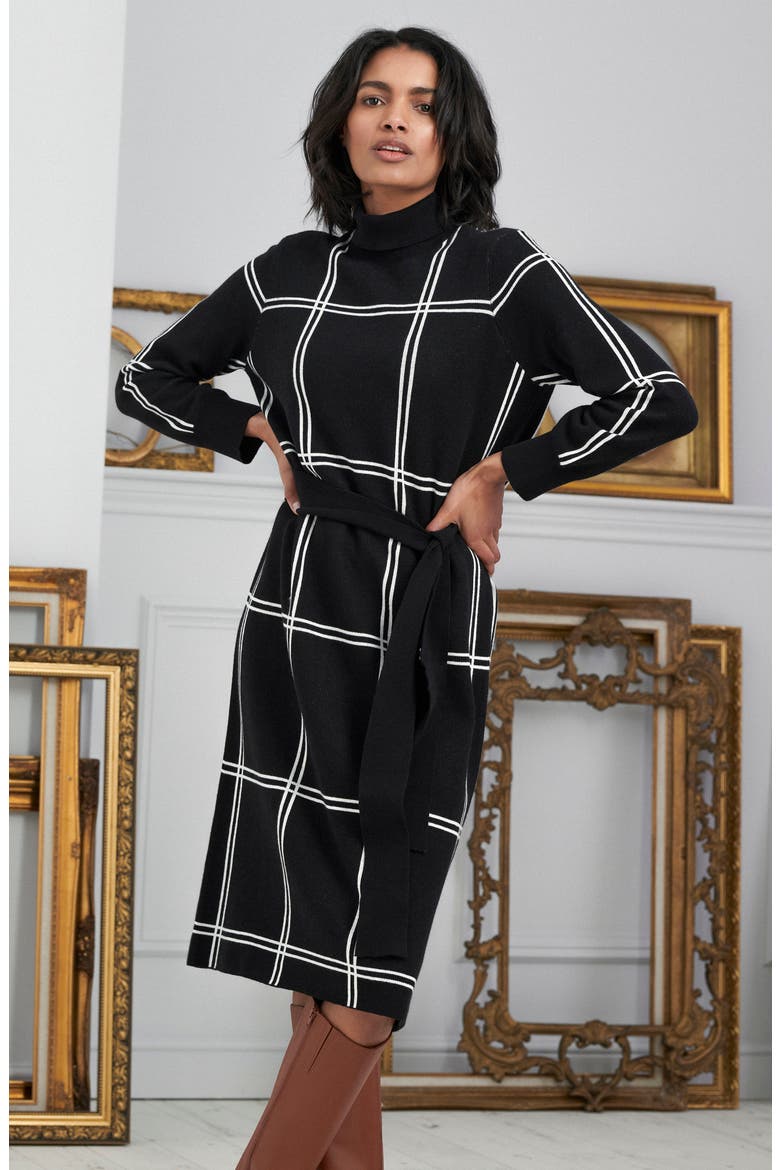 Aldora Windowpane Long Sleeve Cotton Blend Sweater Dress, Alternate, color, BLACK