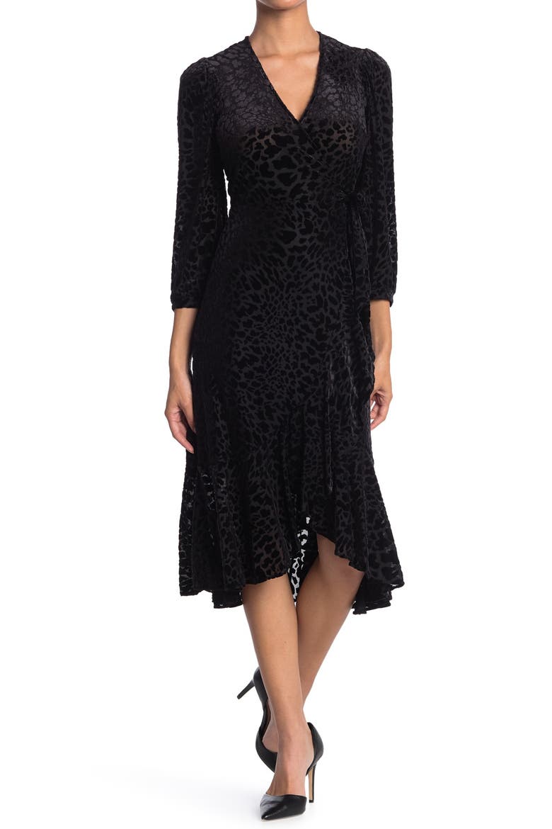 Burnout Velvet Midi Wrap Dress, Main, color, BLACK