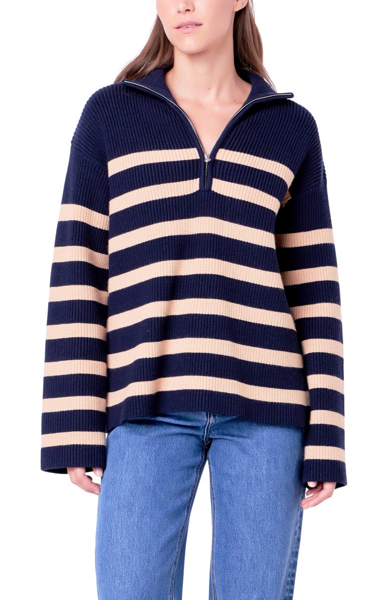 English Factory Stripe Half Zip Sweater, Alternate, color, Navy/ Camel