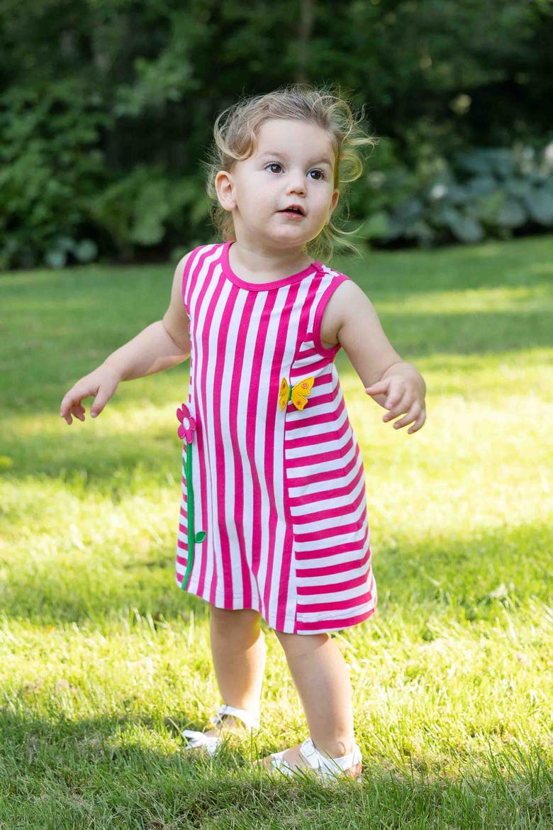 Stripe Knit Dress With Flower, Alternate, color, Fuchsia/White