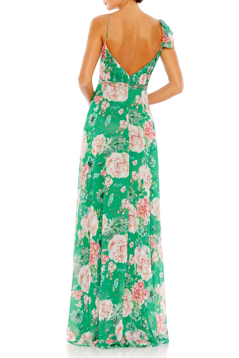 Floral Print Ruffled Wrap Over A Line Gown, Alternate, color, GREEN MULTI