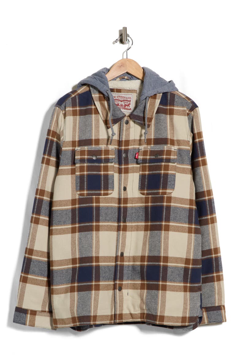 Plaid Faux Shearling Lined Hooded Shirt Jacket, Alternate, color, BRITISH TAN