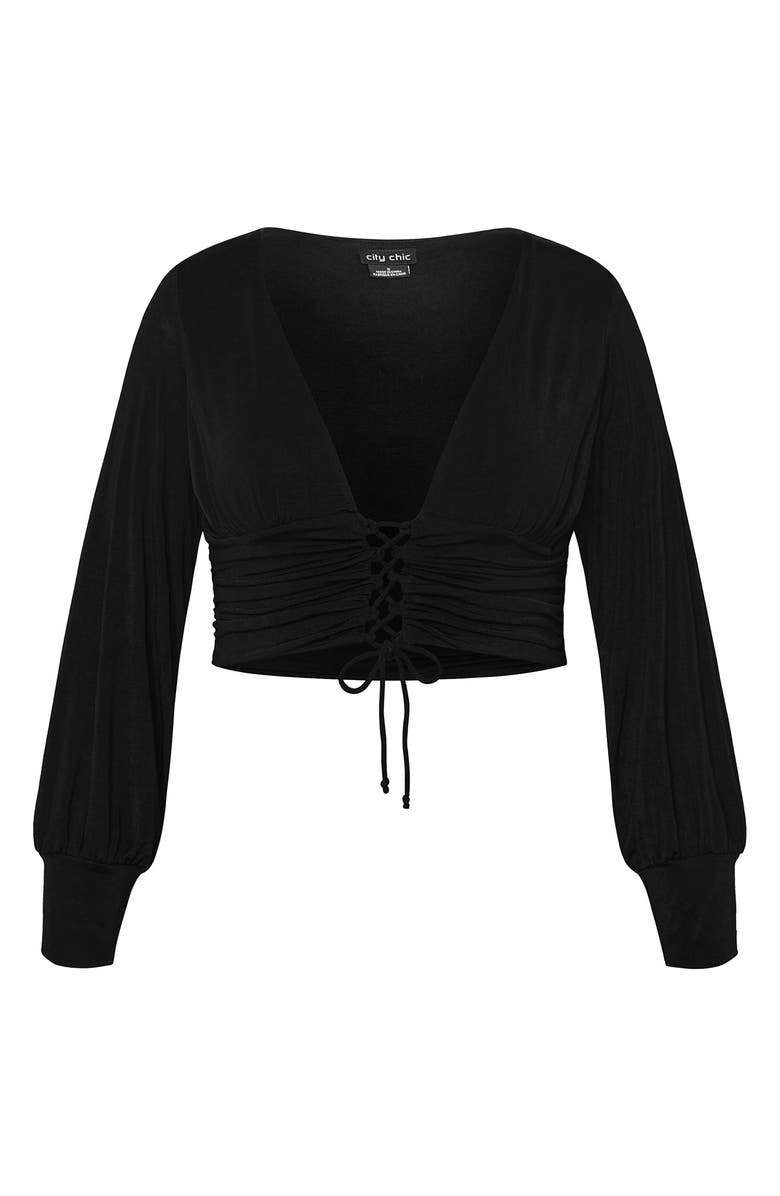 City Chic Maren Long Sleeve Lace-Up Crop Top, Alternate, color, Black