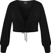 City Chic Maren Long Sleeve Lace-Up Crop Top