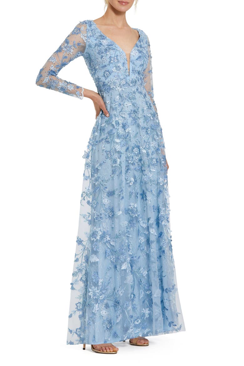 Floral Applique Long Sleeve Illusion Gown, Main, color, Powder Blue