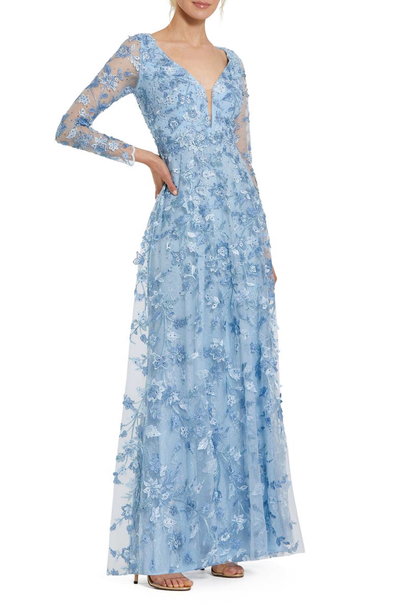 Mac Duggal Floral Applique Long Sleeve Illusion Gown, Main, color, Powder Blue