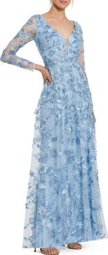 Mac Duggal Floral Applique Long Sleeve Illusion Gown