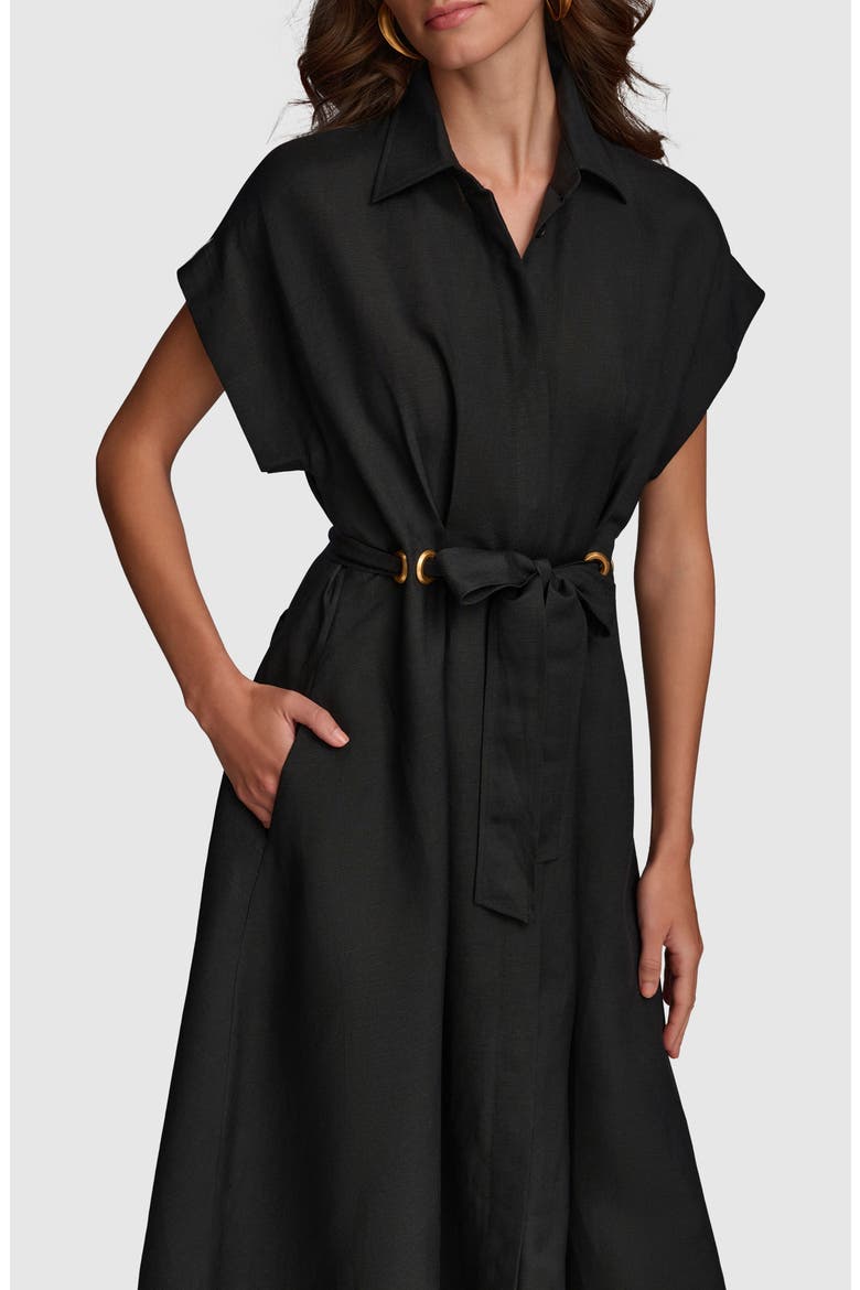 Drawstring Waist Linen Blend Shirtdress, Alternate, color, BLACK