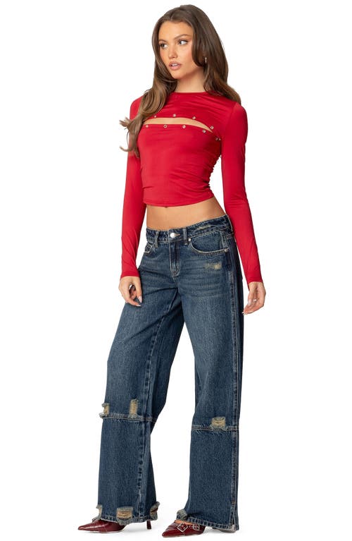 Shop Edikted Ripped Low Rise Wide Leg Jeans In Blue