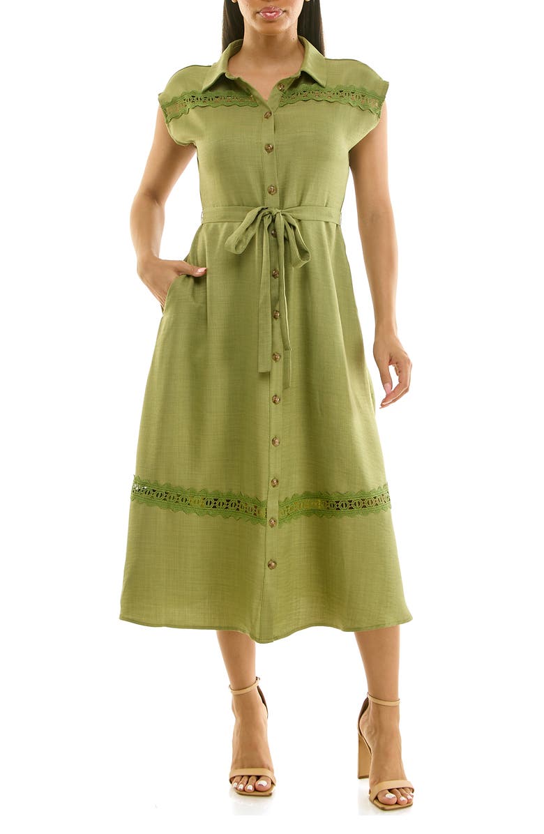 Nina Leonard Cap Sleeve Lace Trim Midi Shirtdress, Main, color, Soft Olive