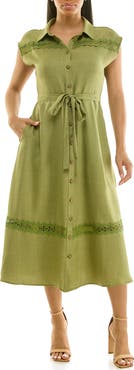 Nina Leonard Cap Sleeve Lace Trim Midi Shirtdress