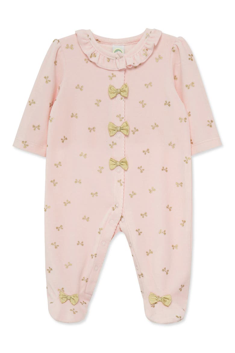 Velour Gold Bows Footie Pajamas, Main, color, PINK