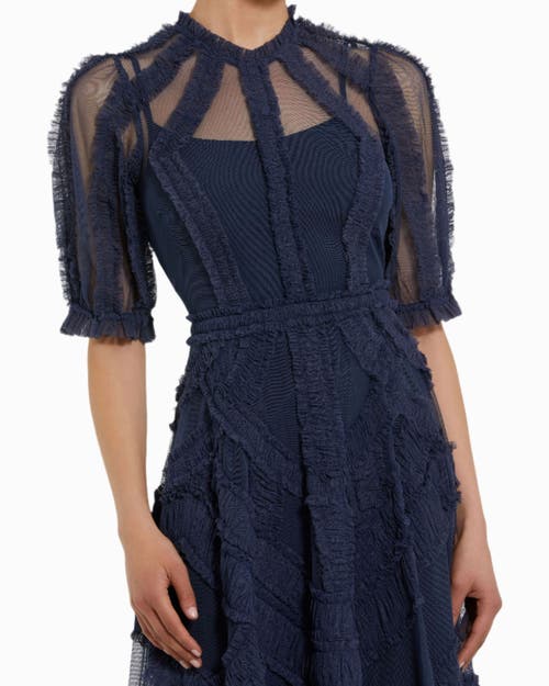 Mac Duggal High Neck Puff Sleeve Ruffle Tiered Dress In Midnight