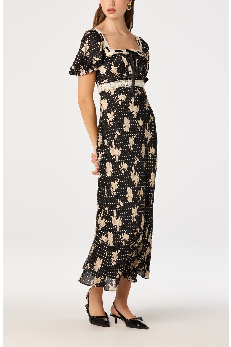 Kim Puffed Sleeve Lace Trimmed Midi Dress, Alternate, color, BLACK POLKA DOT