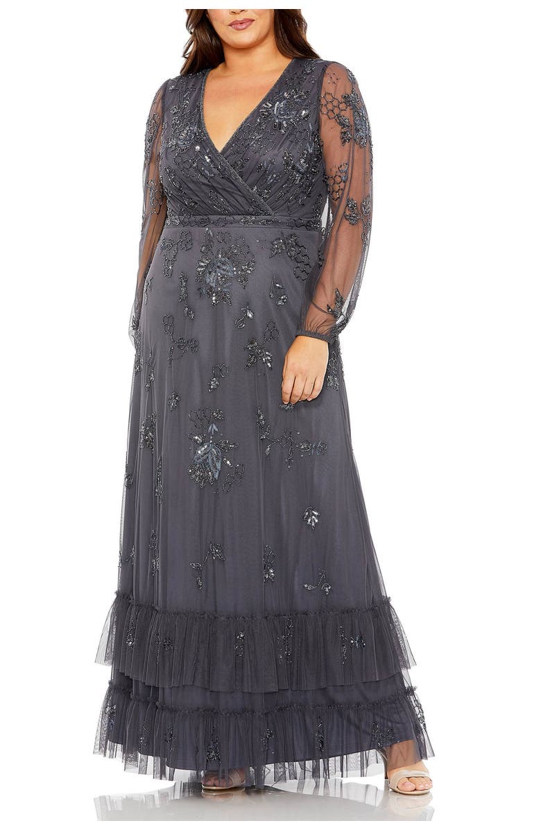 Mac Duggal Puff Sleeve V-Neck TIered Embellished Gown, Main, color, Charcoal