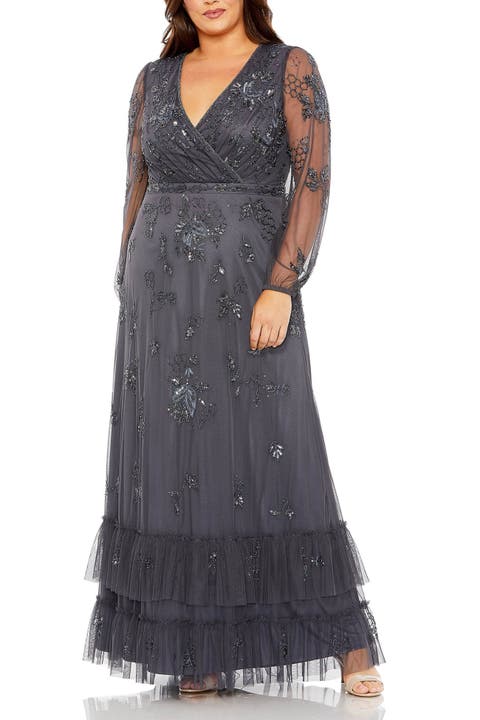 Puff Sleeve V-Neck TIered Embellished Gown