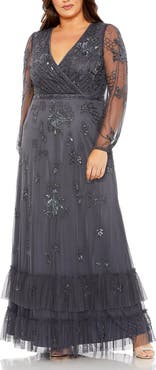 Mac Duggal Puff Sleeve V-Neck TIered Embellished Gown